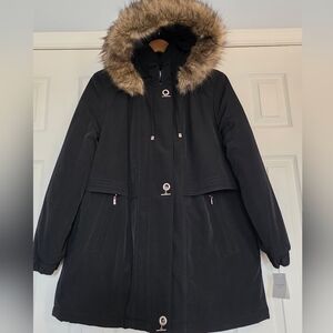 NWT Croft & Barrow Women's Black Parka Coat with Faux Fur Hood, Size XL